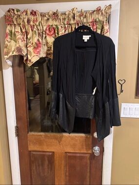 Women’s Black Open Front Draped Jacket with Faux Leather Trim